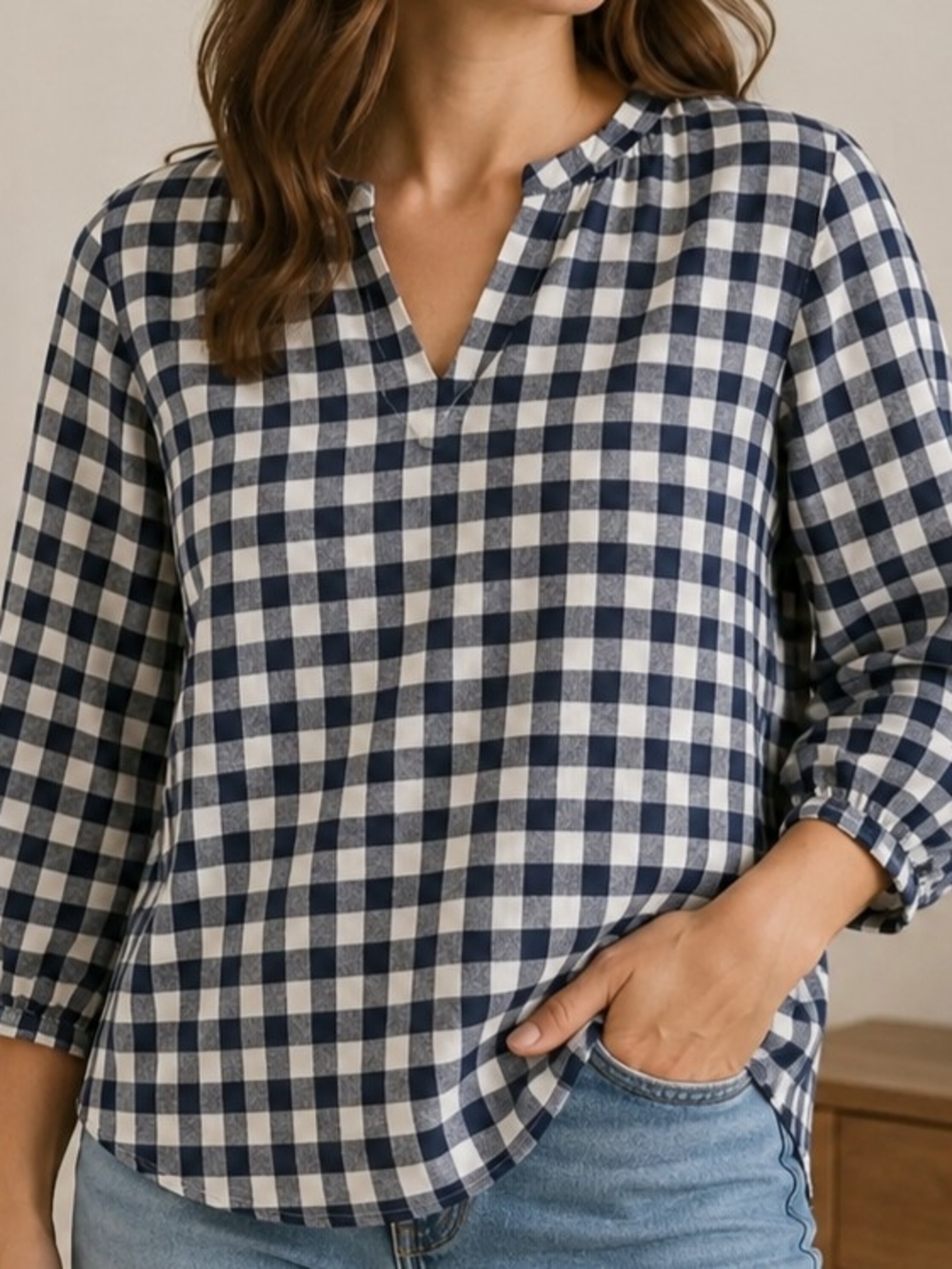 Old Navy Navy White Gingham Linen Blend Peasant Blouse Size Small 3/4 Sleeve Cot